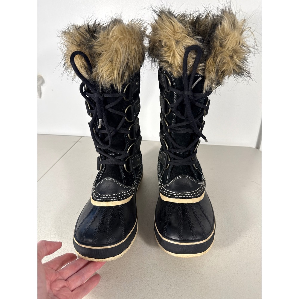 Sorel Joan of Arctic Black Waterproof Winter Snow Boots Faux Fur Trim Women 9.5